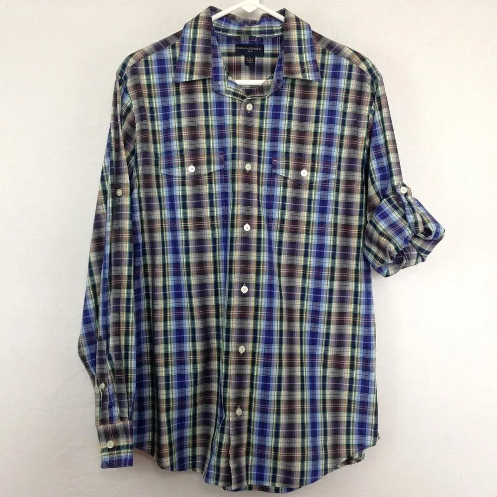 Banana Republic‎ Shirt Mens L Blue Purple Plaid Long Sleeve Button Front Cotton